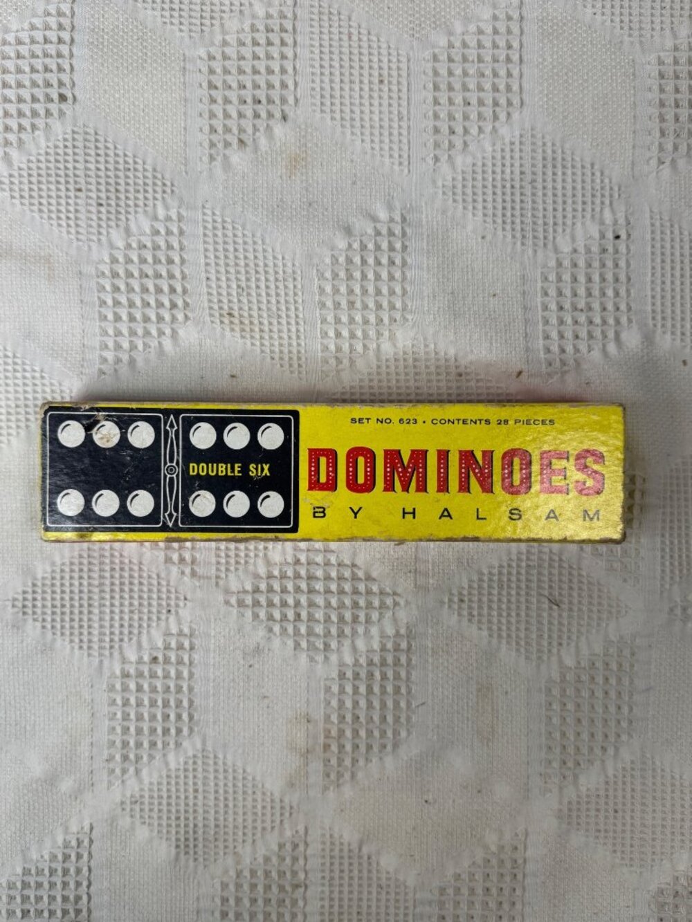 Vintage Halsam Double Six Dominoes Set No 623 w 28 Wood Pieces In Original Box